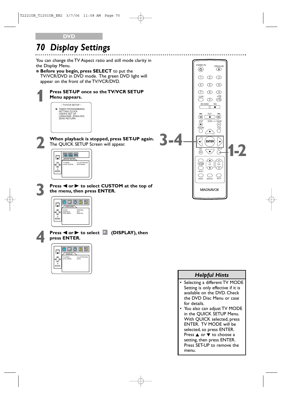 70 display settings, Helpful hints | Philips 24MC4306 User Manual | Page 70 / 84