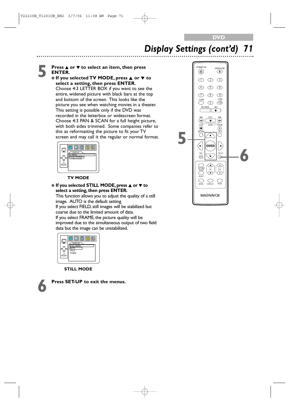 Display settings (cont’d) 7 1, Press k or l to select an item, then press enter, Press set-up to exit the menus | Philips 24MC4306 User Manual | Page 71 / 84