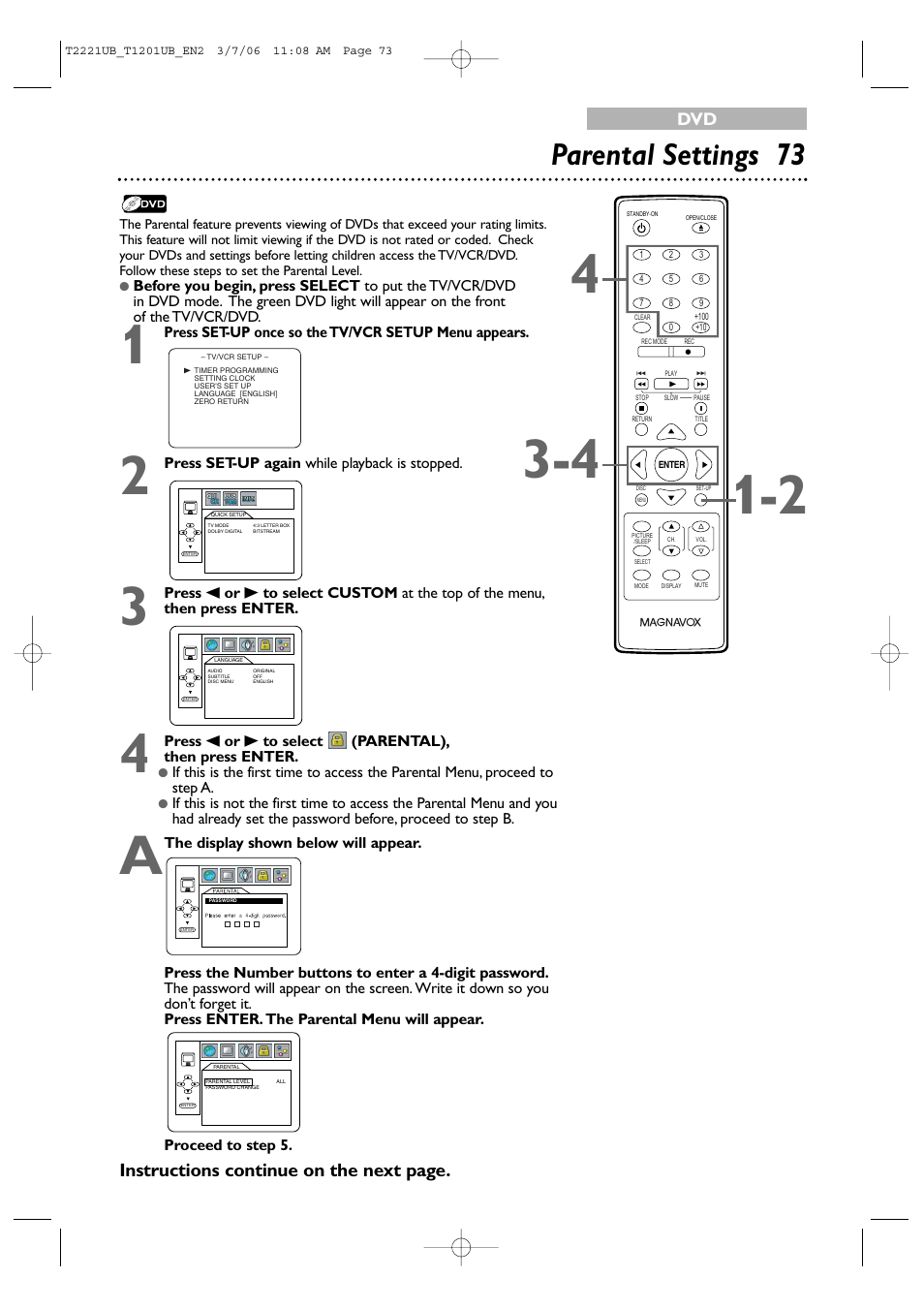 Parental settings 73, Instructions continue on the next page | Philips 24MC4306 User Manual | Page 73 / 84