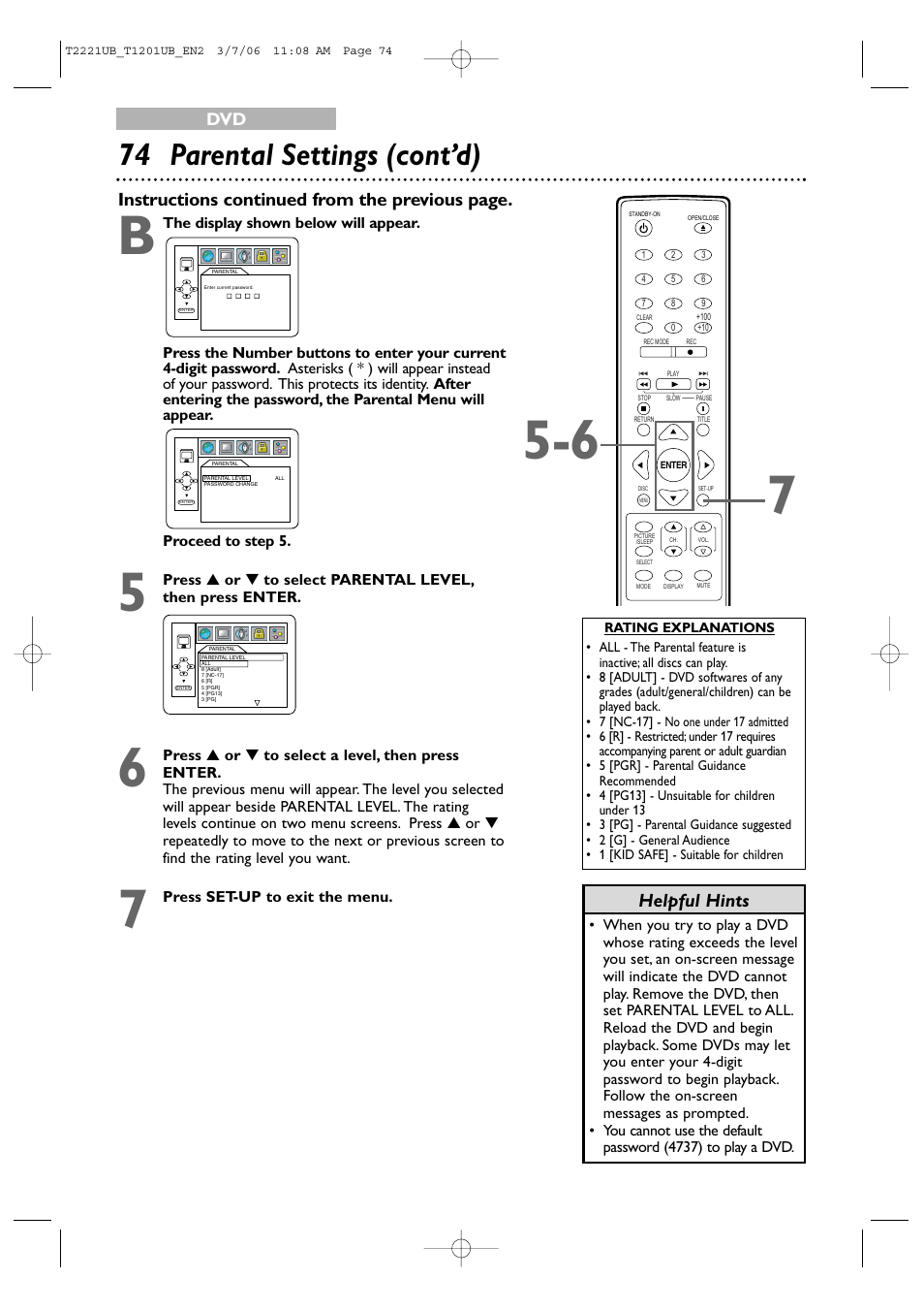 74 parental settings (cont’d), Helpful hints, Instructions continued from the previous page | Philips 24MC4306 User Manual | Page 74 / 84