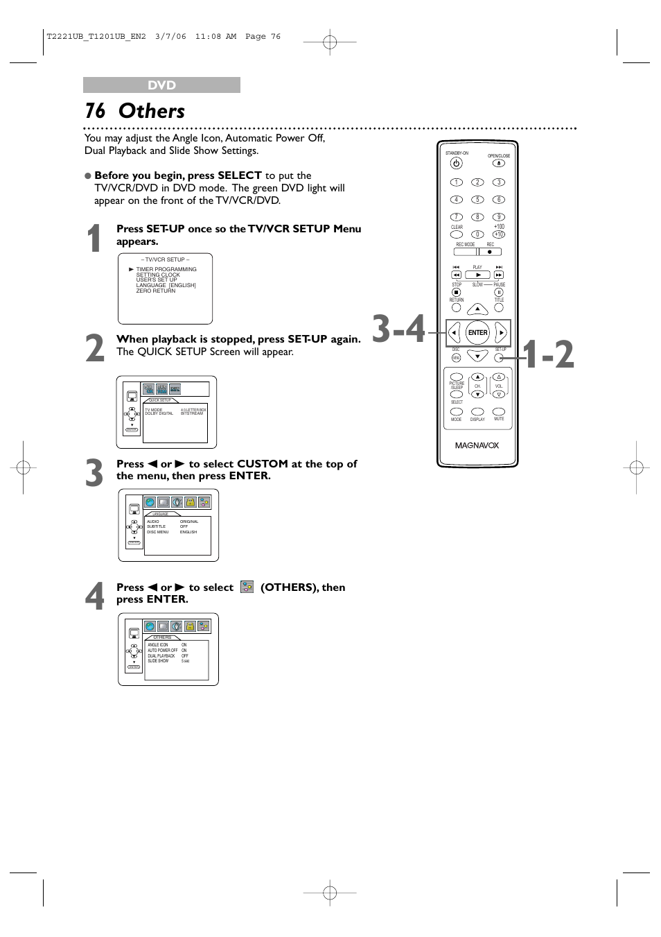 76 others, Press set-up once so the tv/vcr setup menu appears, Press s or b to select (others), then press enter | Philips 24MC4306 User Manual | Page 76 / 84