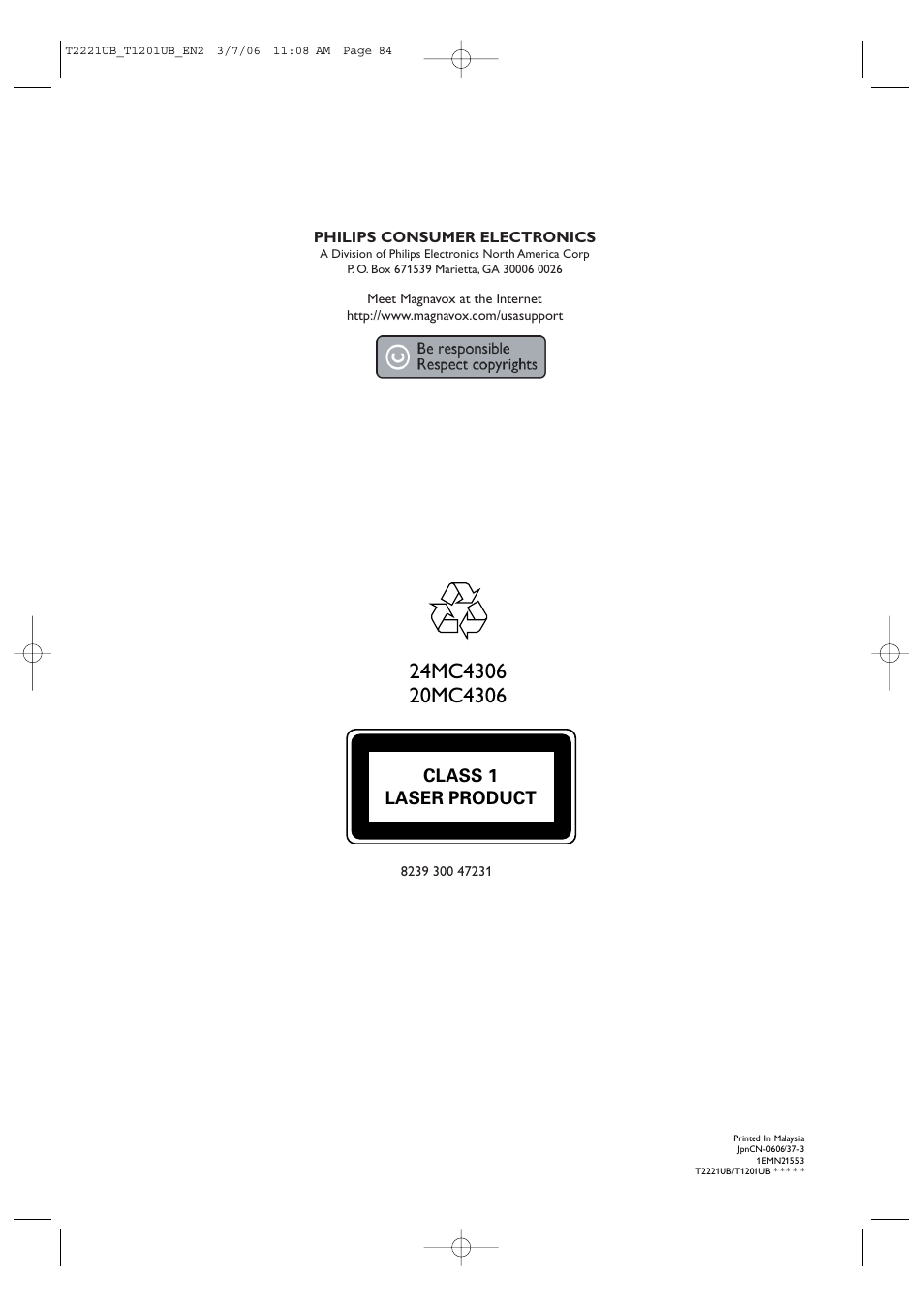 Class 1 laser product | Philips 24MC4306 User Manual | Page 84 / 84