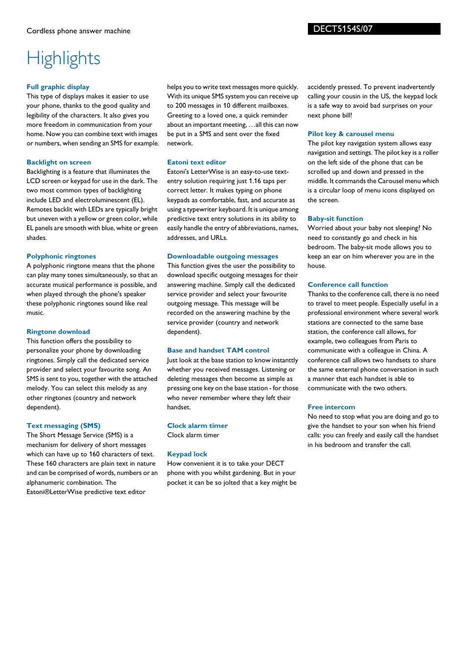 Highlights | Philips DECT5154S User Manual | Page 2 / 3