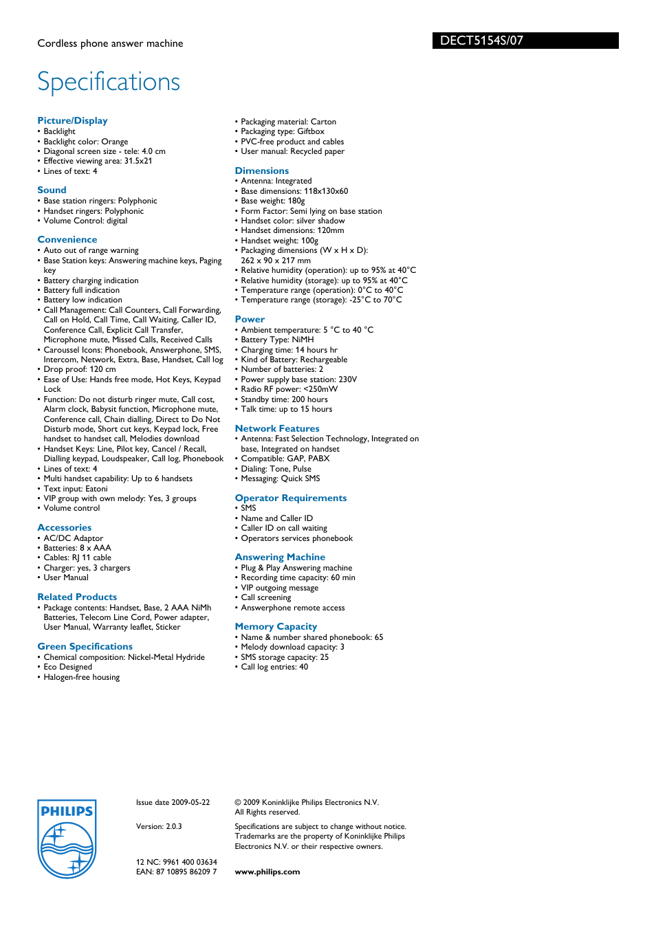 Specifications | Philips DECT5154S User Manual | Page 3 / 3