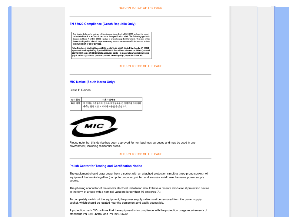 En 55022 compliance (czech, Republic only), Mic notice (south korea only) | Polish center for testing and, Certification notice | Philips 170A7 User Manual | Page 19 / 92