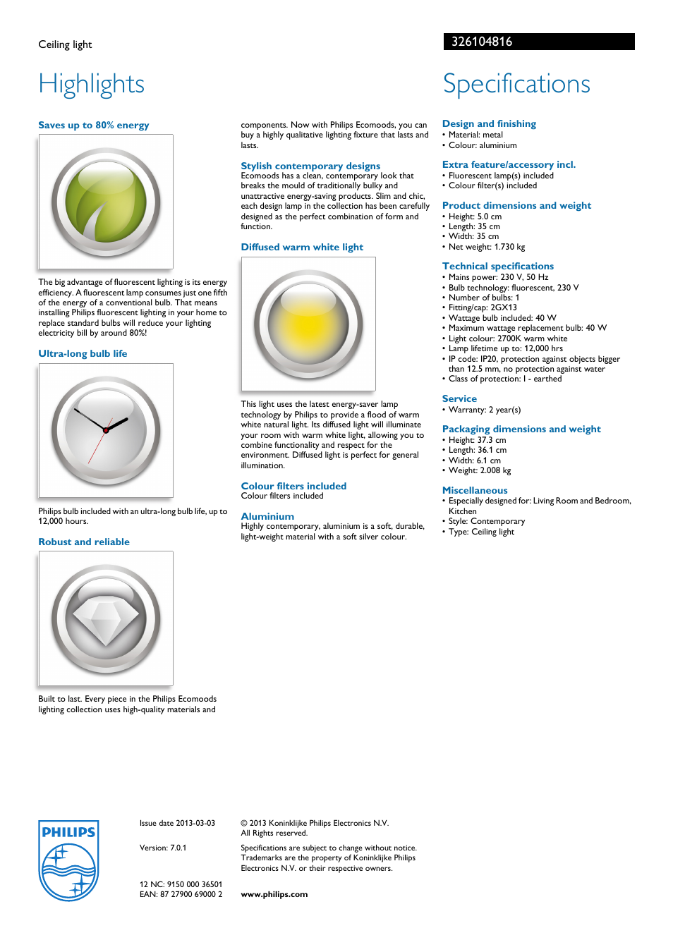 Highlights, Specifications | Philips Ecomoods 32610/48/16 User Manual | Page 2 / 2