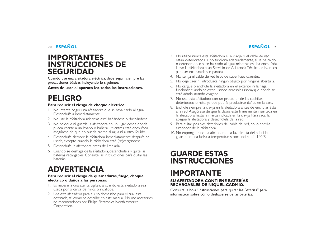 Guarde estas instrucciones importante, Importantes instrucciones de seguridad, Peligro | Advertencia | Philips 6843XL User Manual | Page 11 / 19