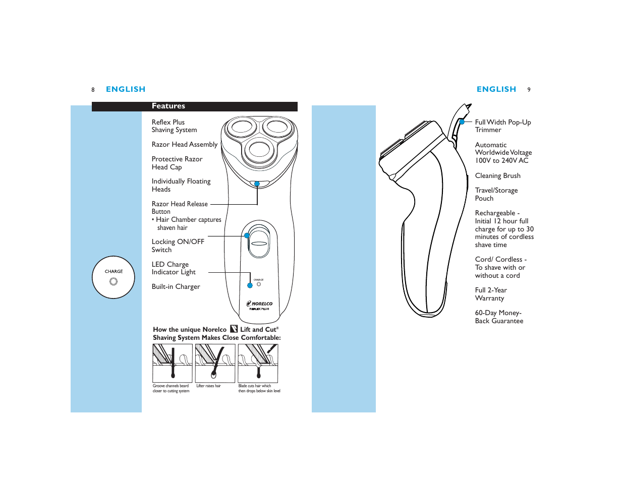 Features, English, How the unique norelco lift and cut | Shaving system makes close comfortable | Philips 6843XL User Manual | Page 5 / 19