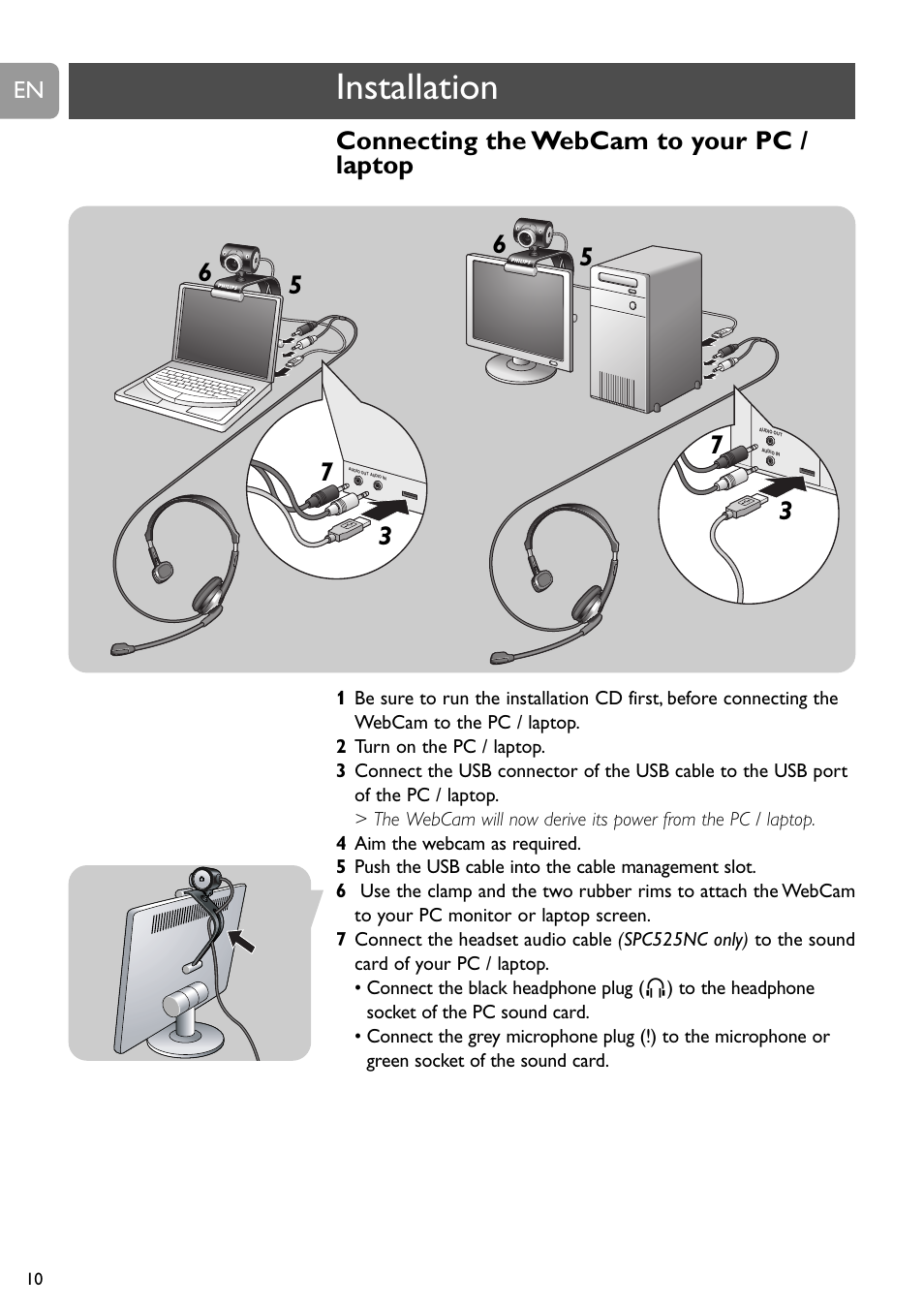 Installation, Connecting the webcam to your pc / laptop | Philips SPC520NC User Manual | Page 10 / 23