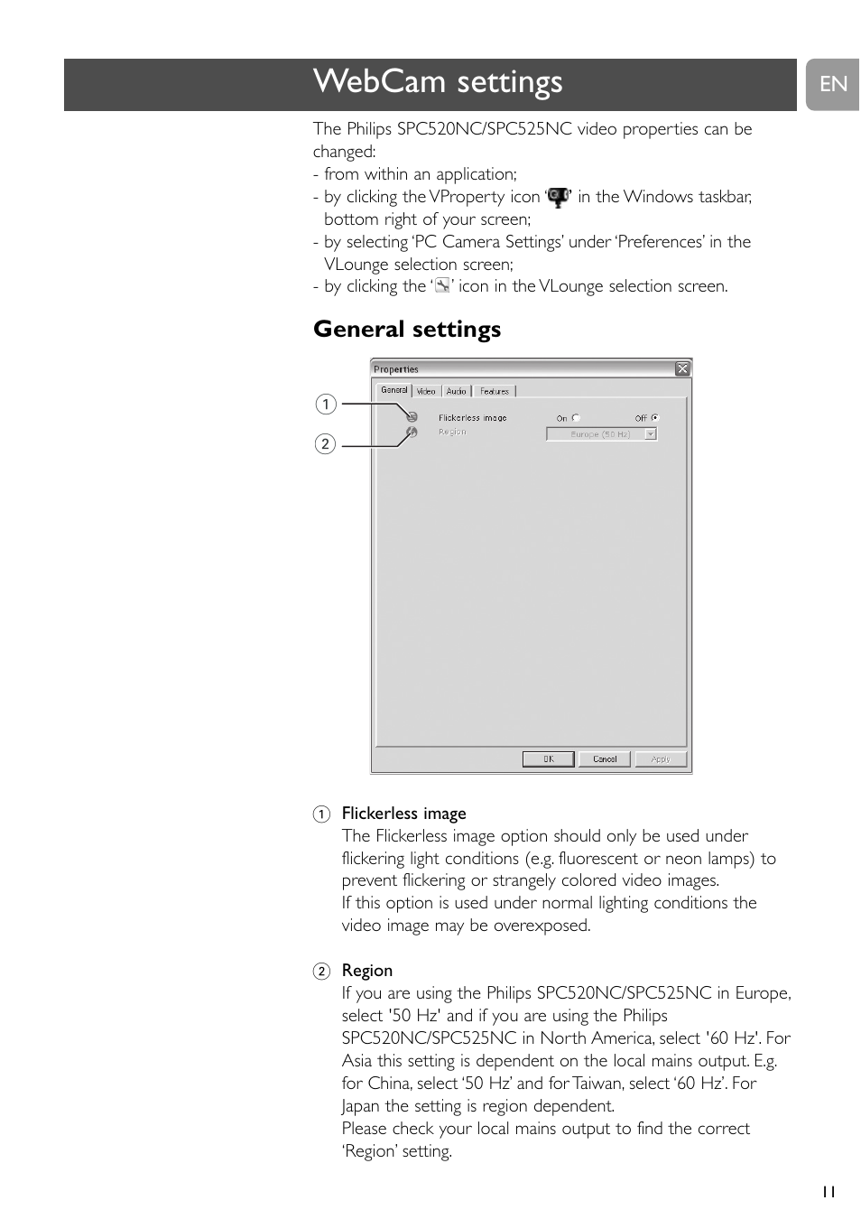 Webcam settings, General settings | Philips SPC520NC User Manual | Page 11 / 23