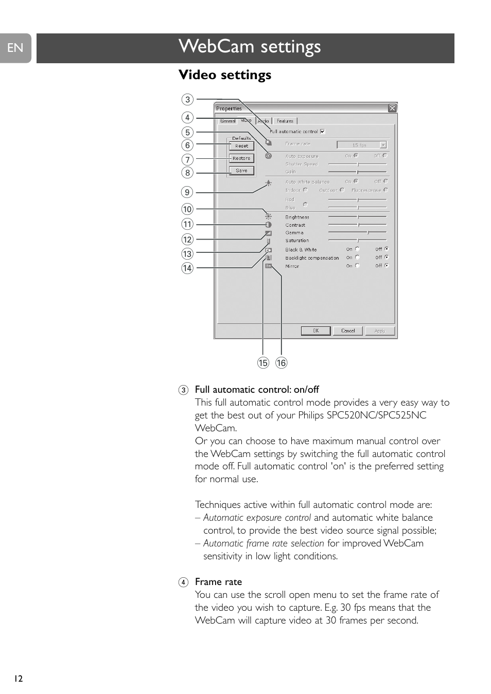 Webcam settings, Video settings | Philips SPC520NC User Manual | Page 12 / 23