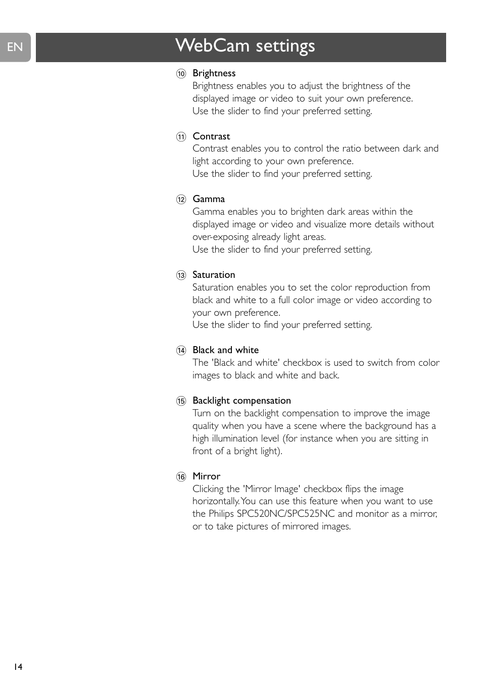 Webcam settings | Philips SPC520NC User Manual | Page 14 / 23