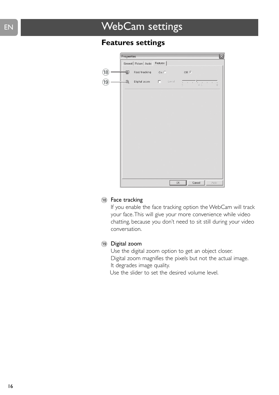 Webcam settings, Features settings | Philips SPC520NC User Manual | Page 16 / 23