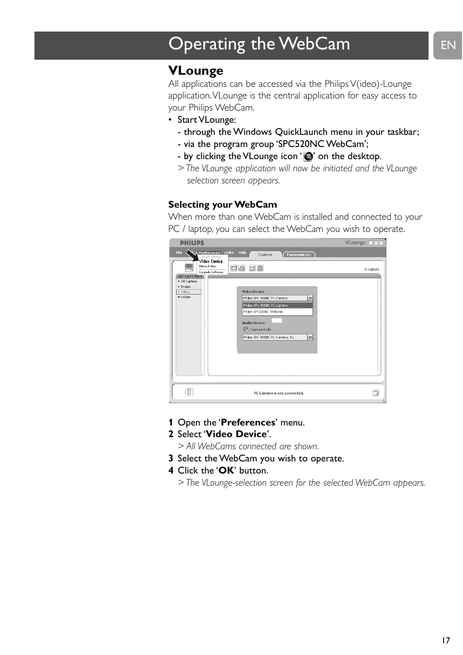 Operating the webcam, Vlounge | Philips SPC520NC User Manual | Page 17 / 23