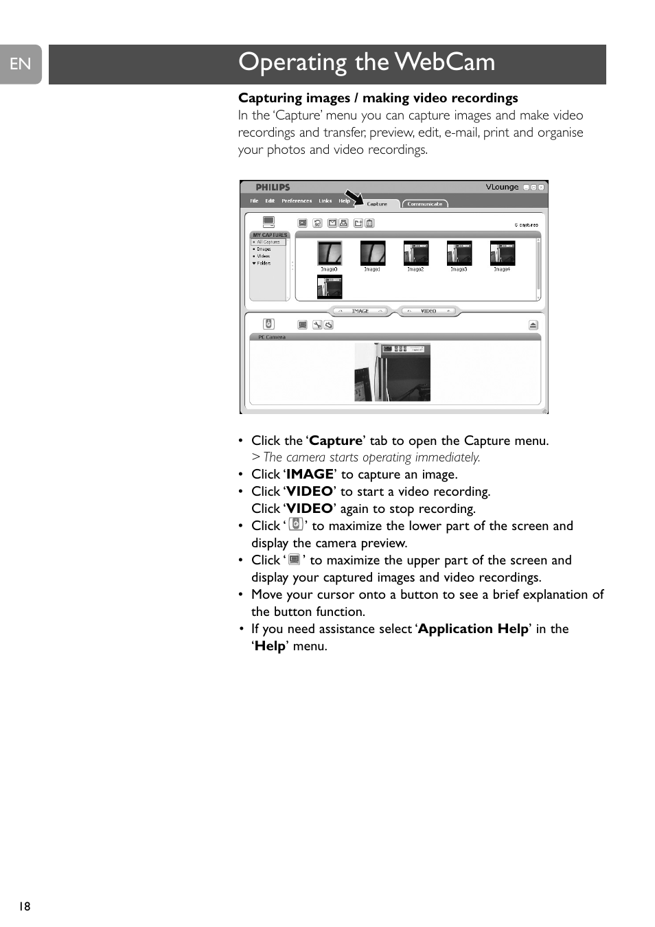 Operating the webcam | Philips SPC520NC User Manual | Page 18 / 23