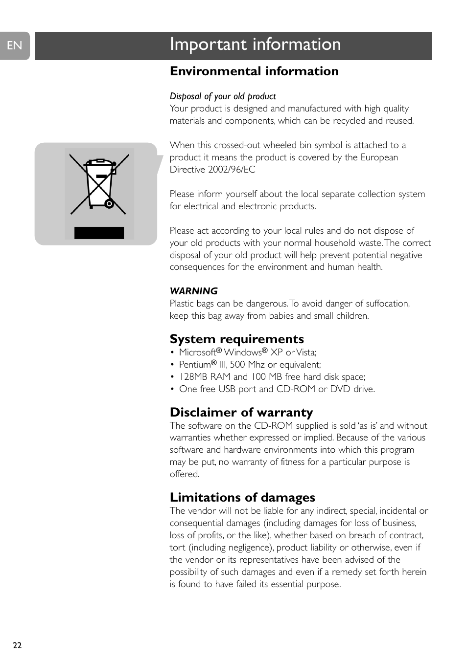 Important information, Environmental information, System requirements | Disclaimer of warranty, Limitations of damages | Philips SPC520NC User Manual | Page 22 / 23