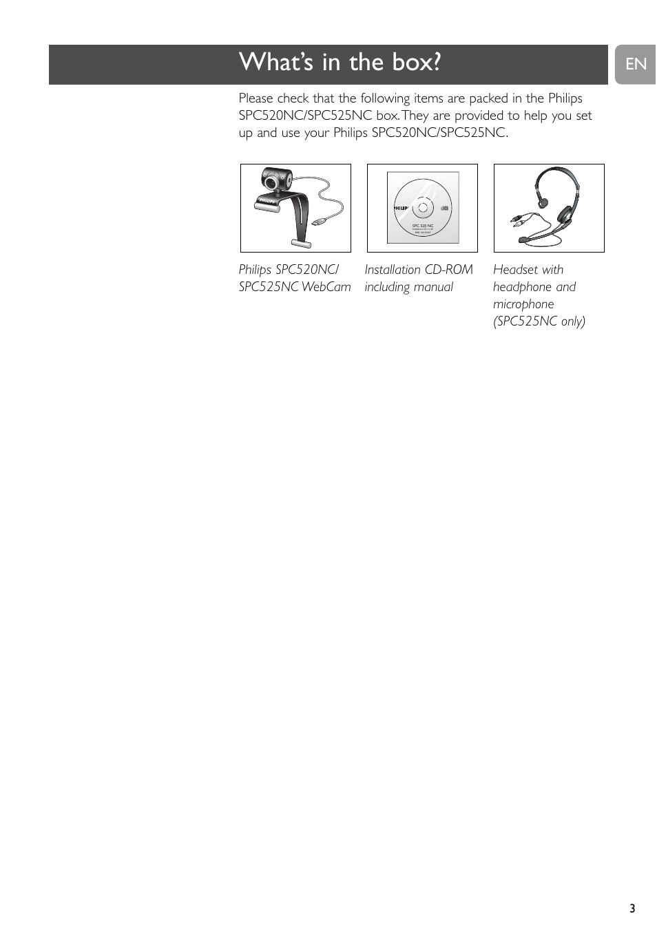 What’s in the box | Philips SPC520NC User Manual | Page 3 / 23