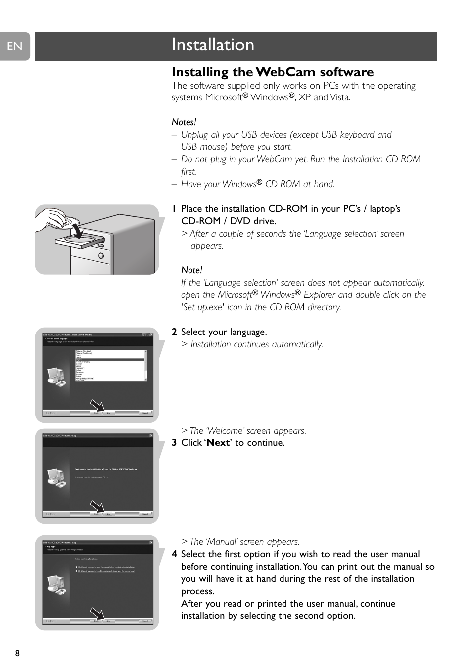 Installation, Installing the webcam software | Philips SPC520NC User Manual | Page 8 / 23