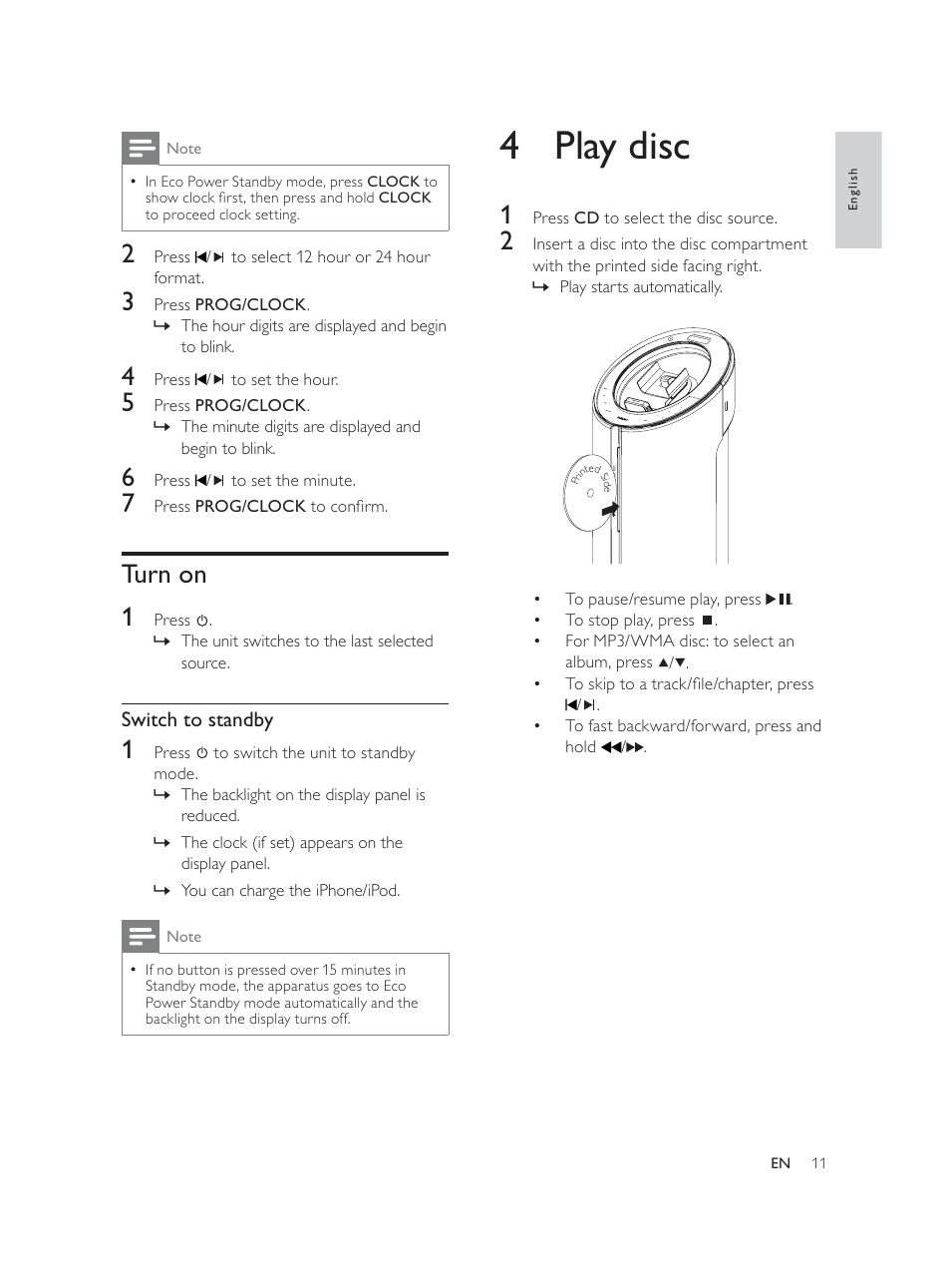4 play disc, Turn on 1 | Philips DCM580 User Manual | Page 10 / 20