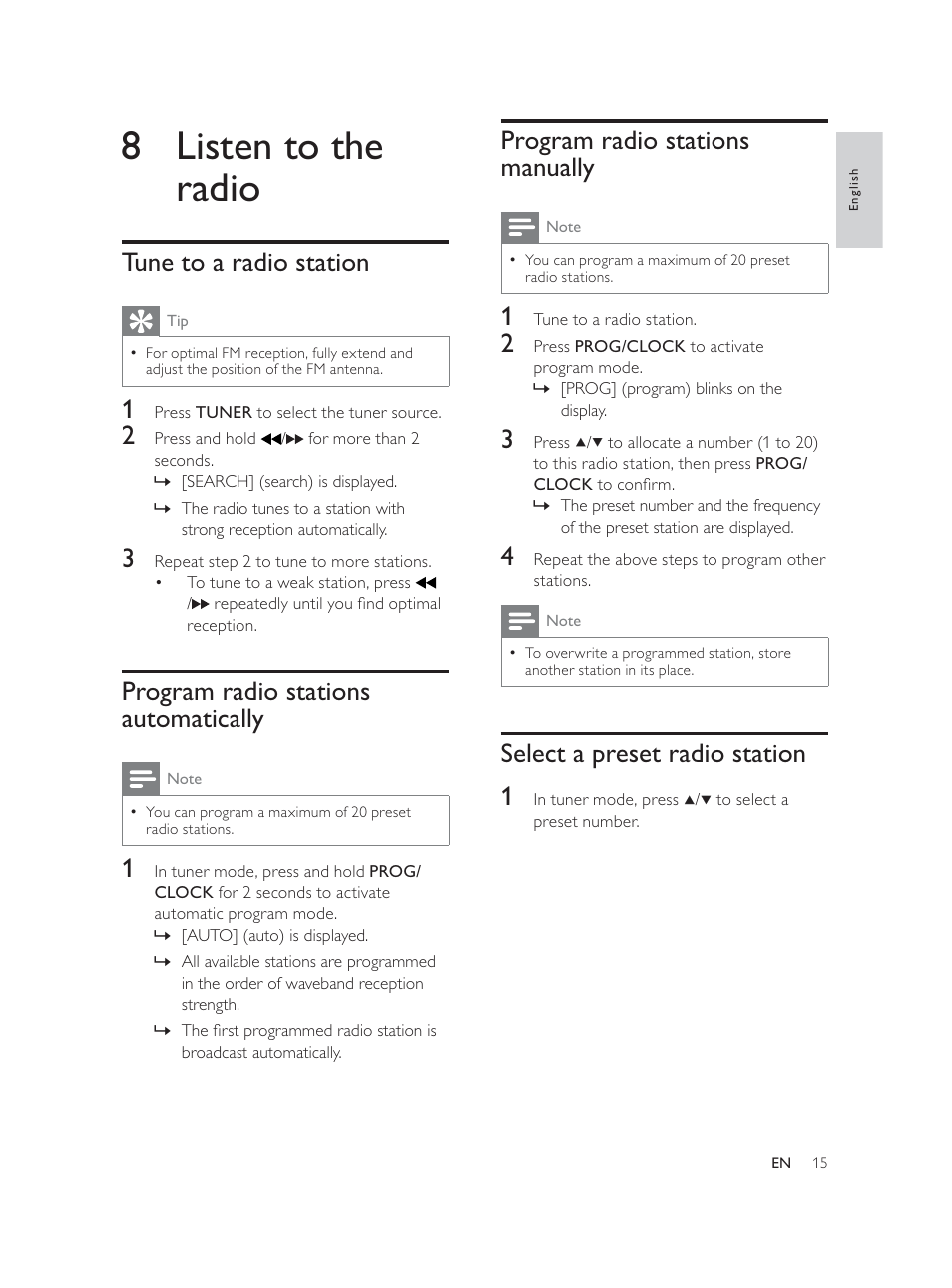 8 listen to the radio, Program radio stations manually, Select a preset radio station 1 | Tune to a radio station, Program radio stations automatically | Philips DCM580 User Manual | Page 14 / 20