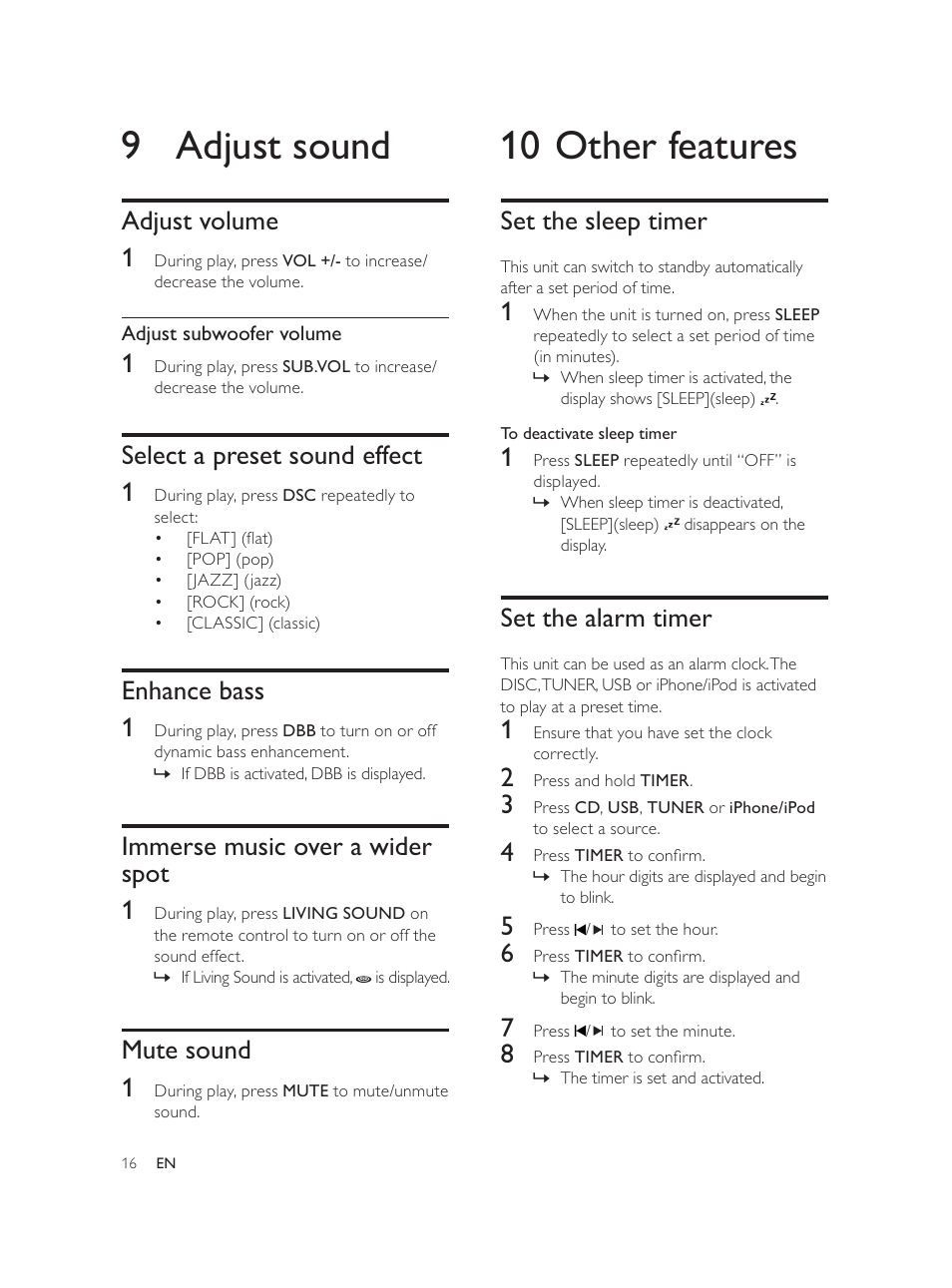 10 other features, 9 adjust sound, Set the sleep timer | Set the alarm timer, Adjust volume 1, Select a preset sound effect 1, Enhance bass 1, Immerse music over a wider spot 1, Mute sound 1 | Philips DCM580 User Manual | Page 15 / 20