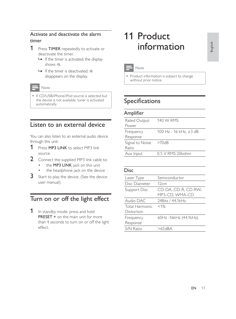 11 product information, 6shflàfdwlrqv, Listen to an external device | Turn on or off the light effect 1 | Philips DCM580 User Manual | Page 16 / 20