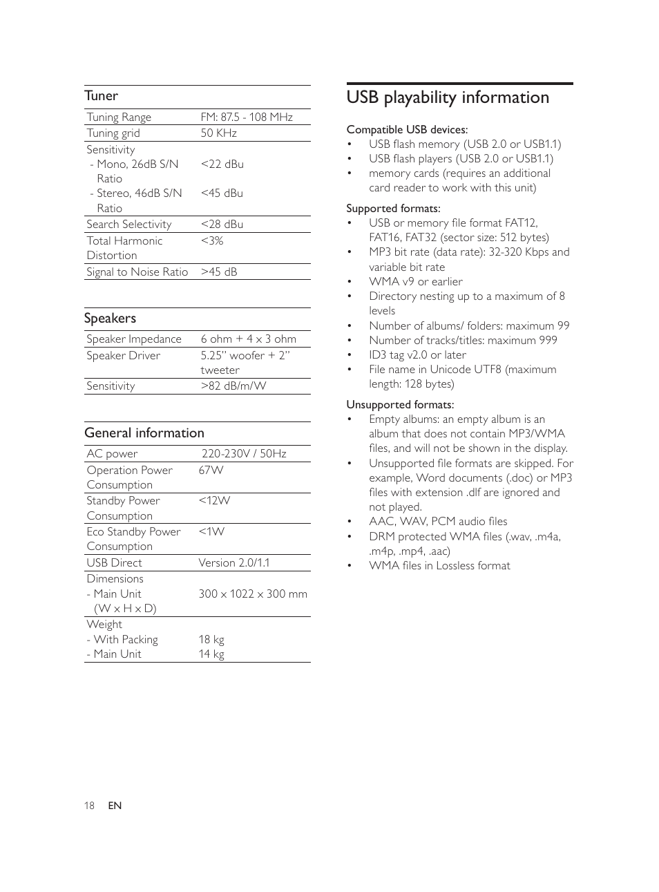 Usb playability information, Tuner, Speakers | General information | Philips DCM580 User Manual | Page 17 / 20