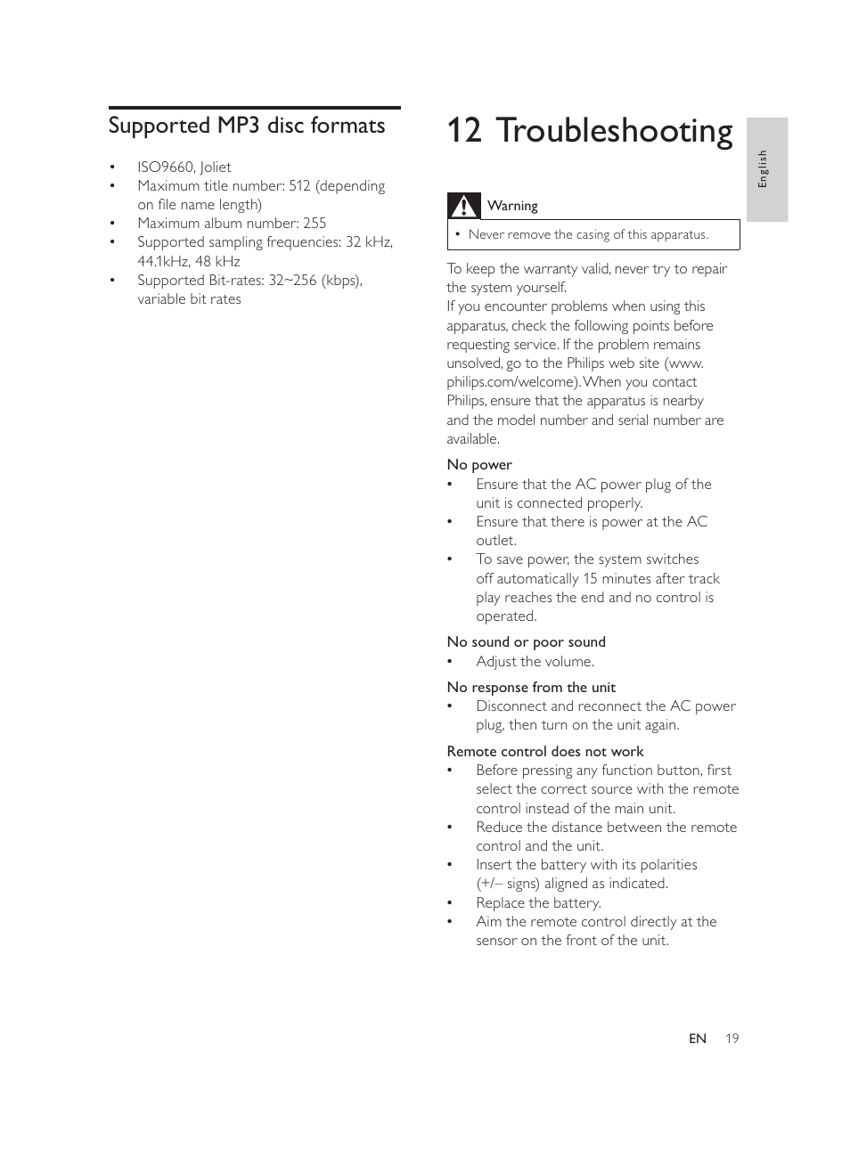 12 troubleshooting, Supported mp3 disc formats | Philips DCM580 User Manual | Page 18 / 20