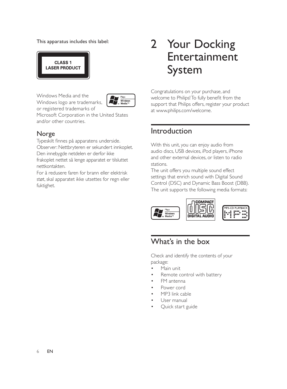 2 your docking entertainment system, Introduction, What’s in the box | Norge | Philips DCM580 User Manual | Page 5 / 20