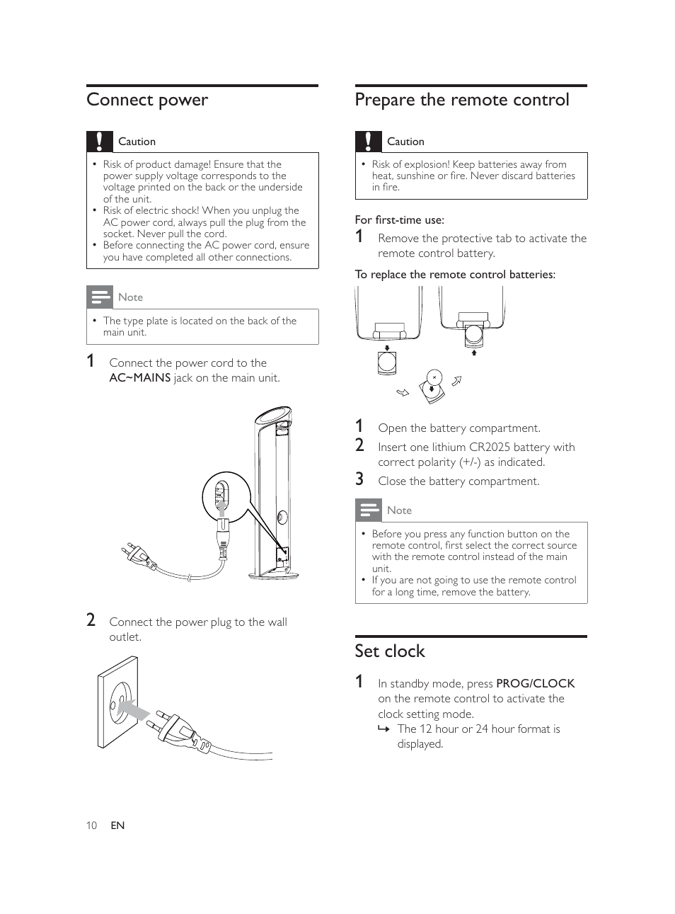 Prepare the remote control, Set clock 1, Connect power | Philips DCM580 User Manual | Page 9 / 20