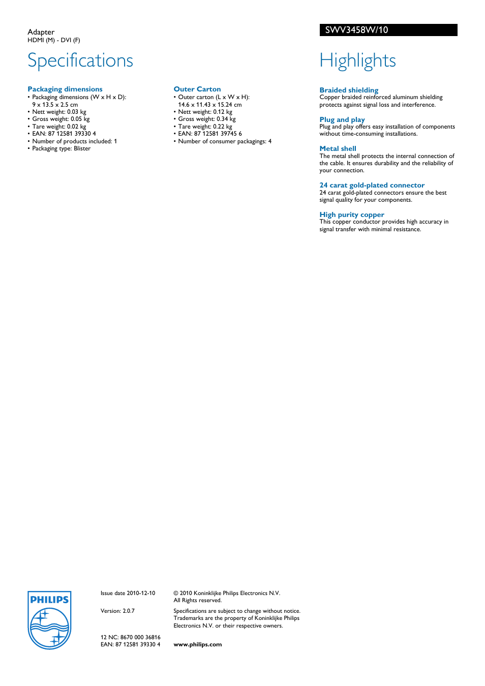 Specifications, Highlights | Philips SWV3458W/10 User Manual | Page 2 / 2
