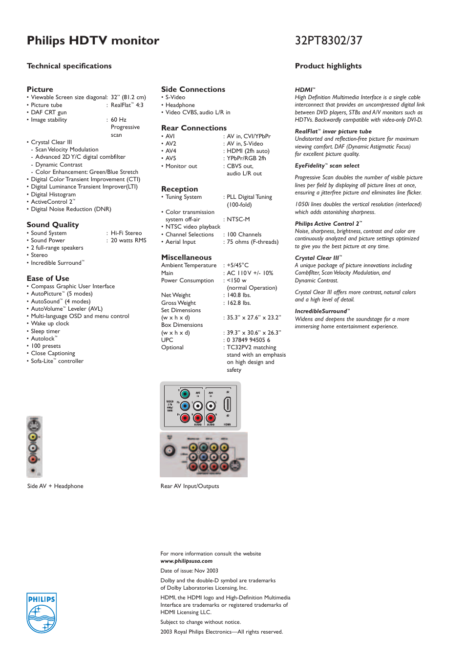 Picture, Sound quality, Ease of use | Side connections, Rear connections, Reception, Miscellaneous, Technical specifications, Product highlights | Philips 32PT8302/37 User Manual | Page 2 / 2