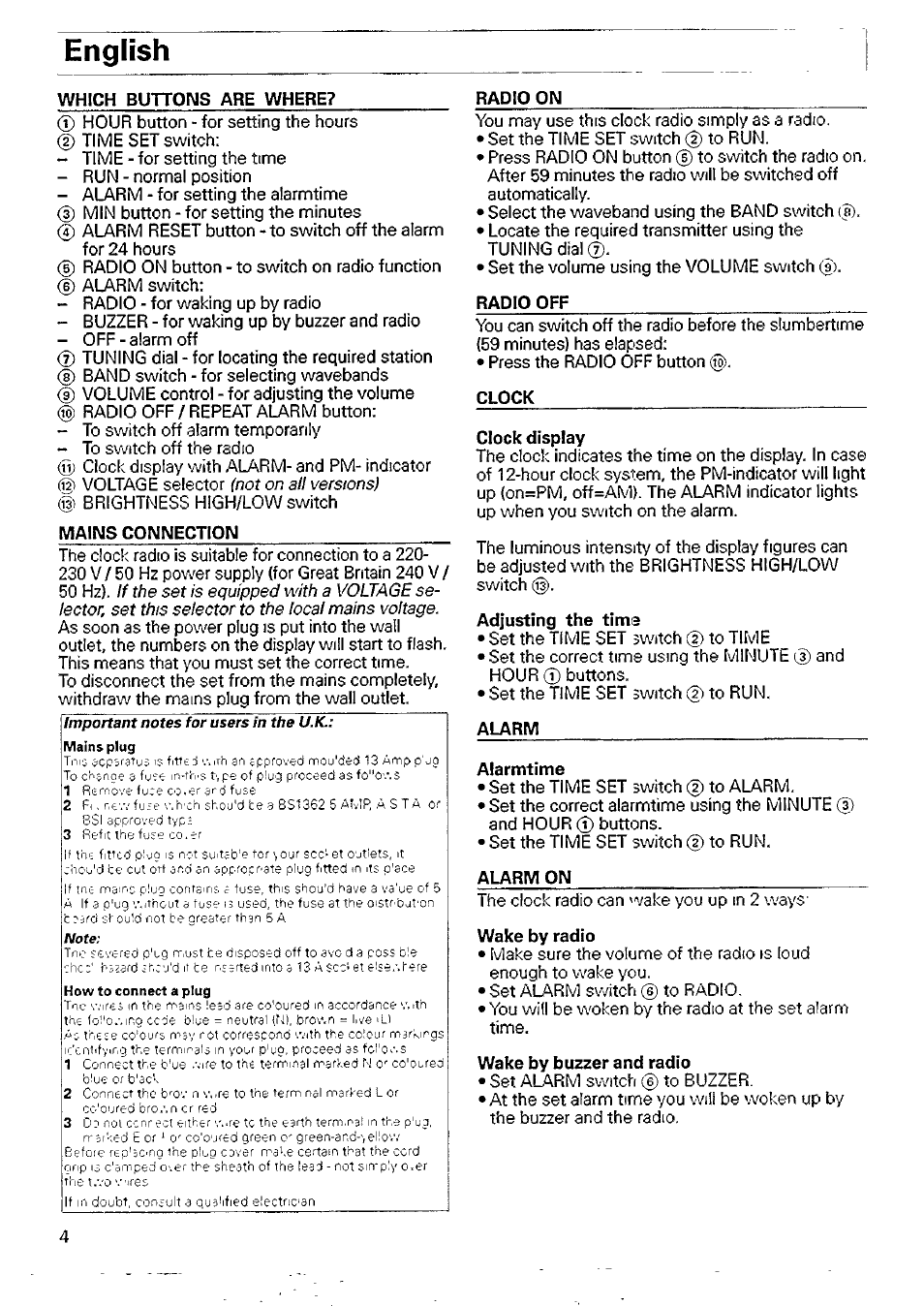 English, Which buttons are where, Mains coimnectioim | Radio on, Radio off, Clock | Philips AJ 3015/04 User Manual | Page 4 / 10