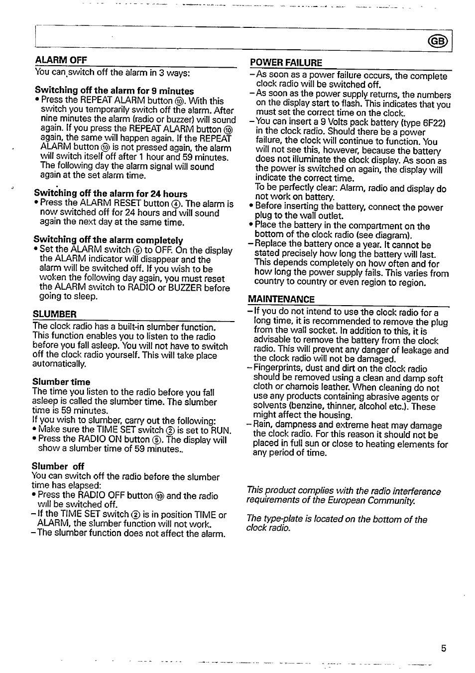 Power failure, Switching off the alarm for 9 minutes, Switching off the alarm for 24 hours | Switching off the alarm completely, Slumber, Slumber time, Slumber off, Maintenance | Philips AJ 3015/04 User Manual | Page 5 / 10