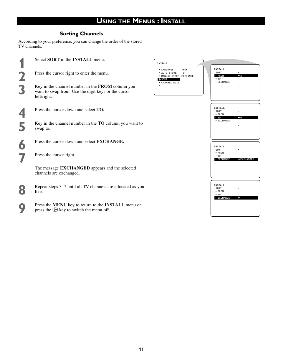 Sorting channels, Sing the, Enus | Nstall | Philips 55PP8745 User Manual | Page 11 / 44