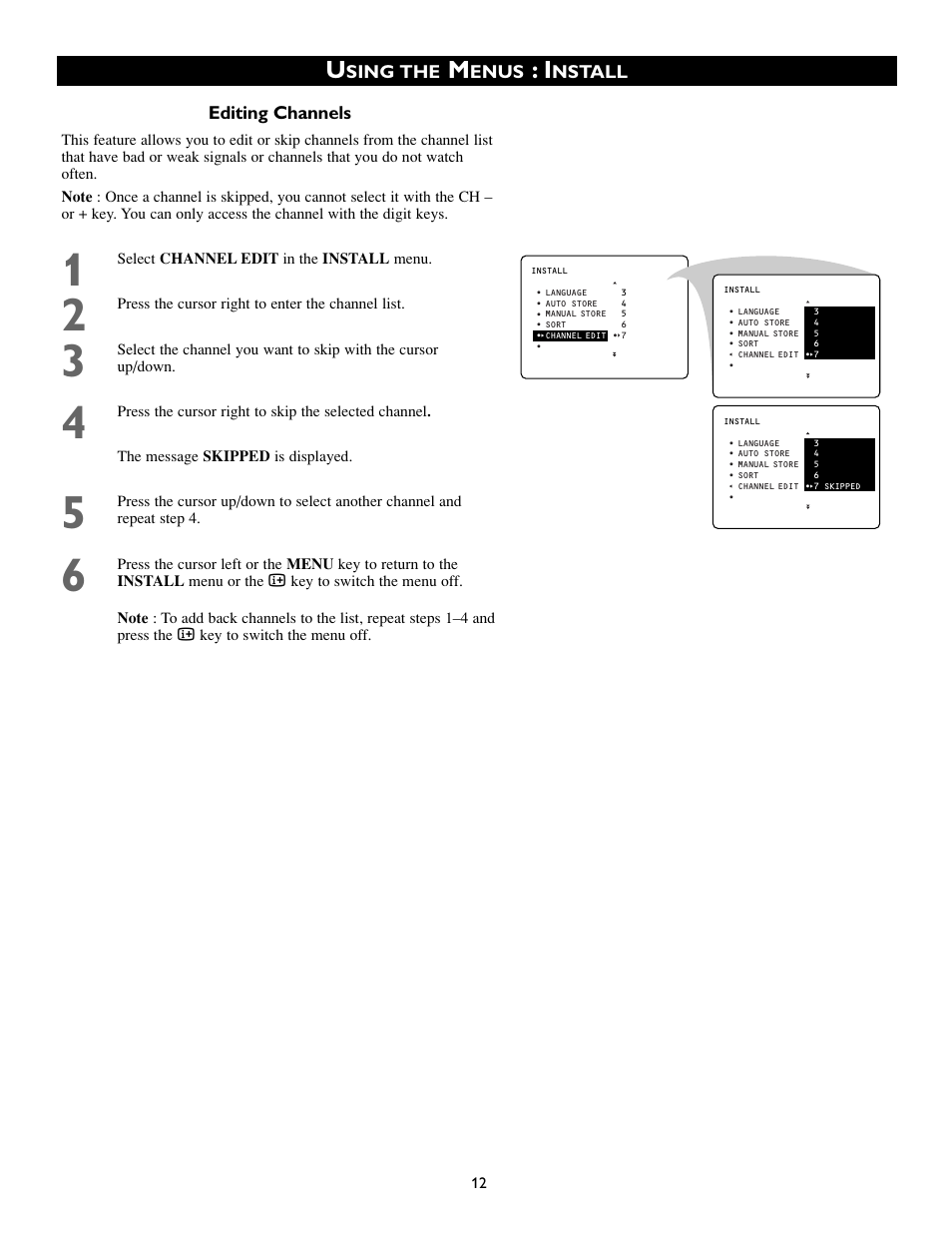 Editing channels, Sing the, Enus | Nstall | Philips 55PP8745 User Manual | Page 12 / 44