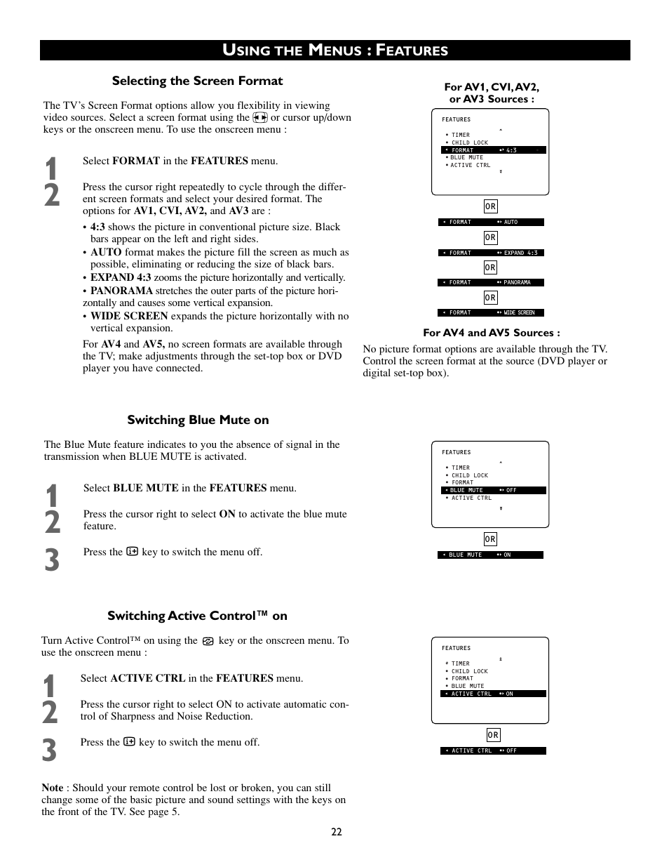 Sing the, Enus, Eatures selecting the screen format | Switching active control™ on, Switching blue mute on | Philips 55PP8745 User Manual | Page 22 / 44