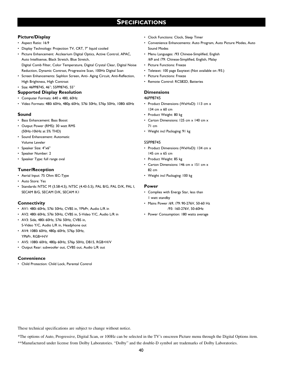 Pecifications | Philips 55PP8745 User Manual | Page 40 / 44