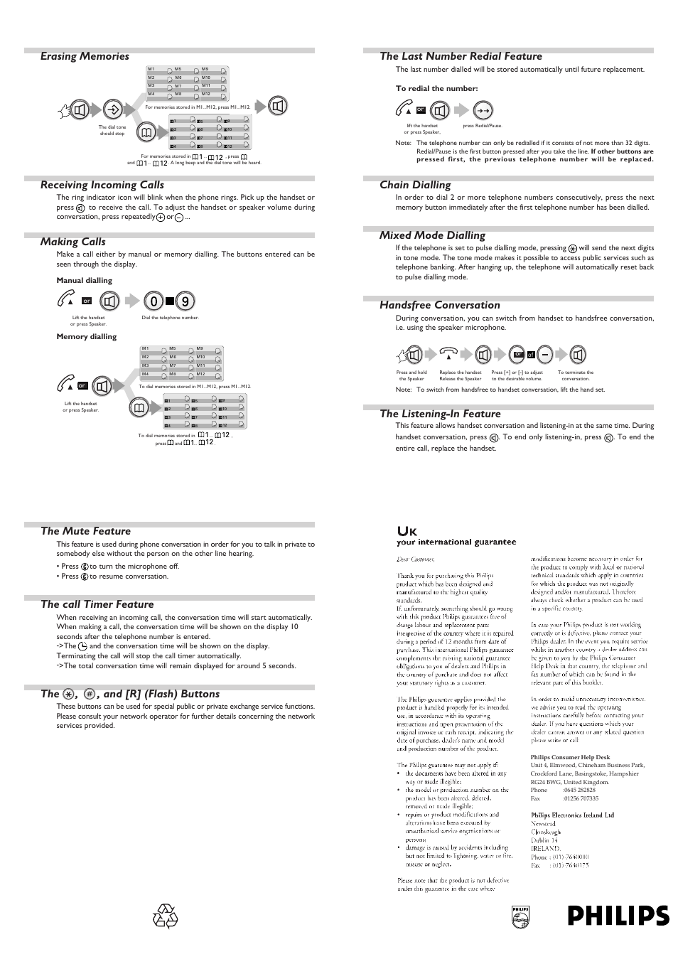 Making calls, The mute feature, The call timer feature | The , , and [r] (flash) buttons, The last number redial feature, Chain dialling, Mixed mode dialling, Handsfree conversation, The listening-in feature | Philips SKIP 300 User Manual | Page 2 / 2