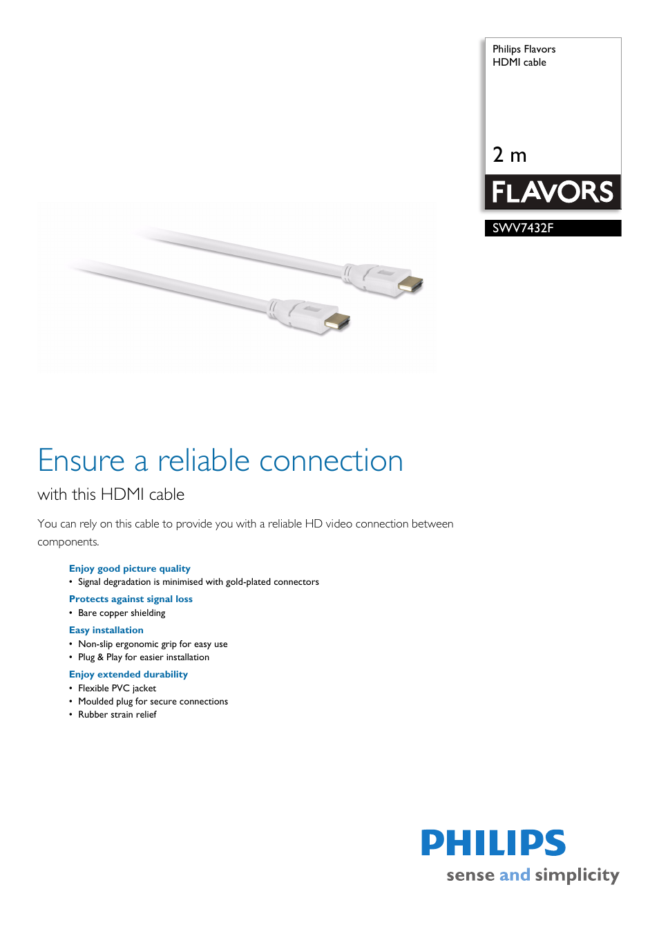 Philips HDMI Cable SWV7432F User Manual | 2 pages