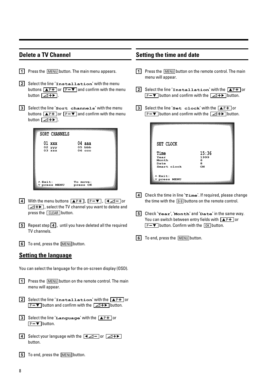 Delete a tv channel, Setting the language, Setting the time and date | Philips TV-Video Combi 14PV320/05 User Manual | Page 10 / 24