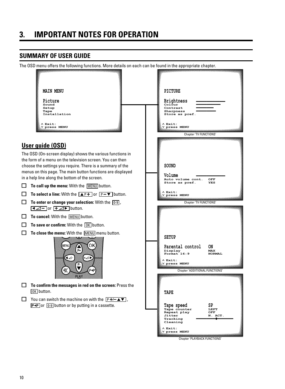 Important notes for operation, Summary of user guide, User guide (osd) | Philips TV-Video Combi 14PV320/05 User Manual | Page 12 / 24