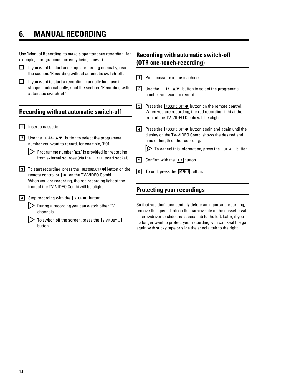 Manual recording, Recording without automatic switch-off, Protecting your recordings | Philips TV-Video Combi 14PV320/05 User Manual | Page 16 / 24