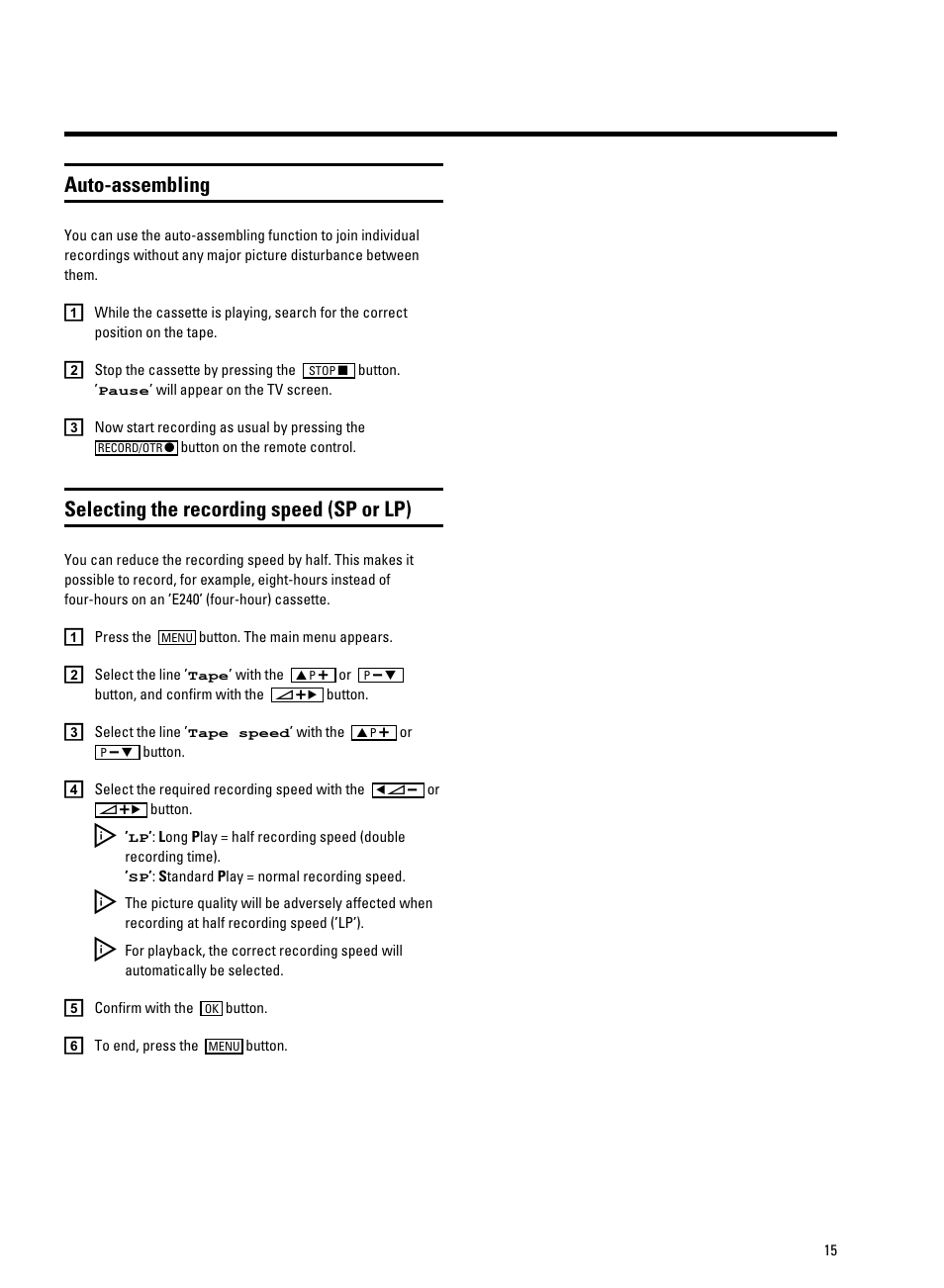 Auto-assembling, Selecting the recording speed (sp or lp) | Philips TV-Video Combi 14PV320/05 User Manual | Page 17 / 24