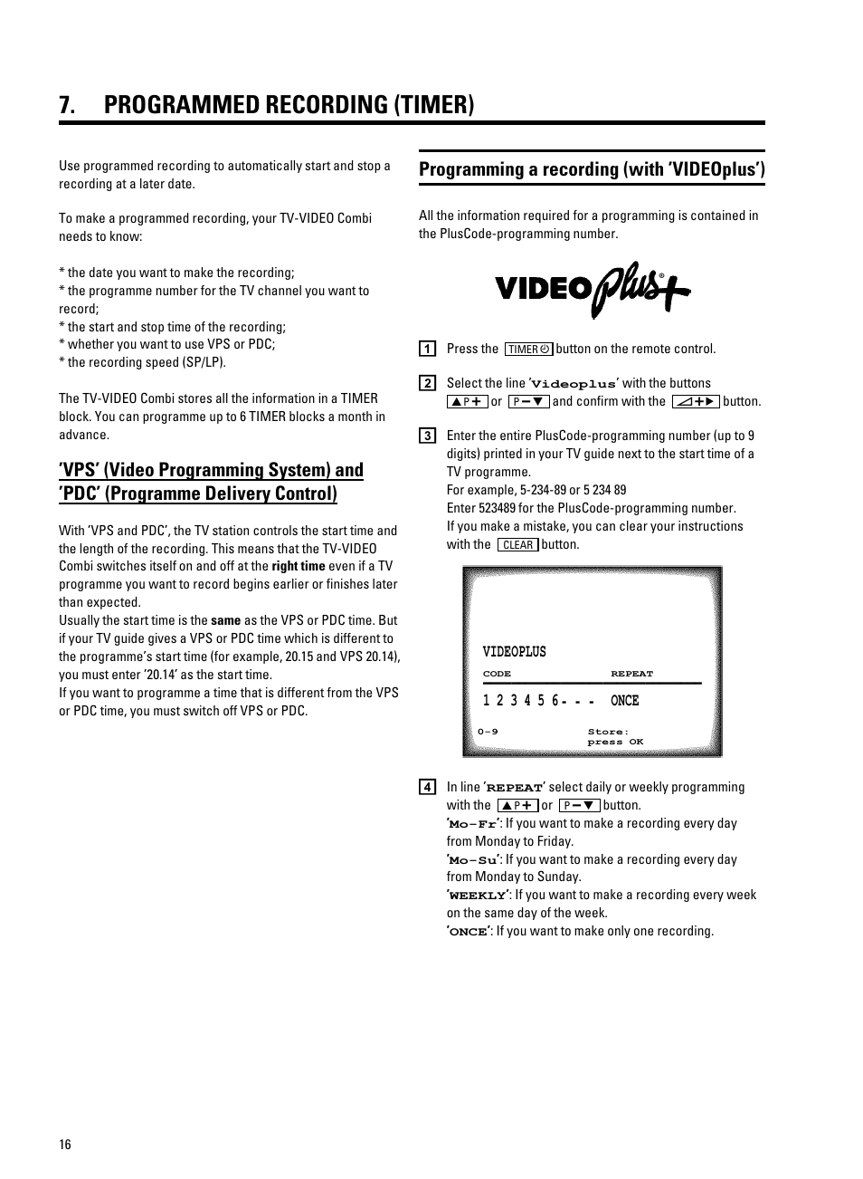 Programmed recording (timer), Programming a recording (with ’videoplus’) | Philips TV-Video Combi 14PV320/05 User Manual | Page 18 / 24