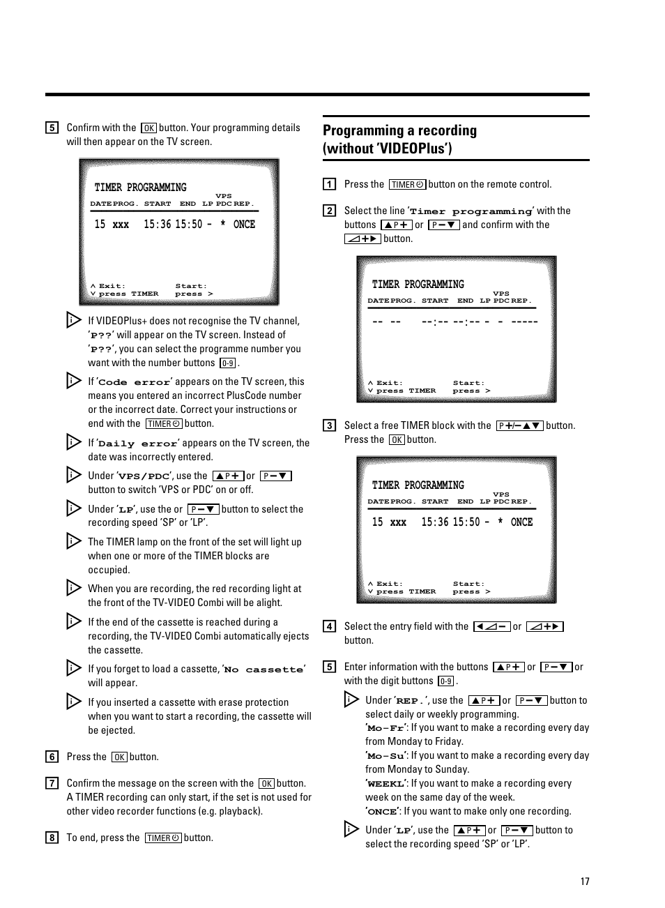 Programming a recording (without ’videoplus’) | Philips TV-Video Combi 14PV320/05 User Manual | Page 19 / 24