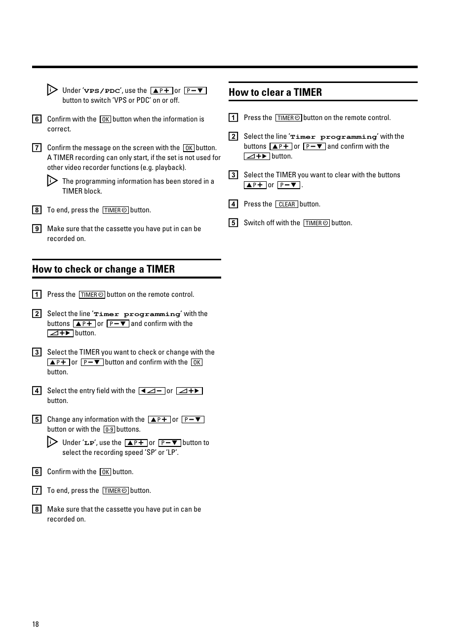 How to check or change a timer, How to clear a timer | Philips TV-Video Combi 14PV320/05 User Manual | Page 20 / 24