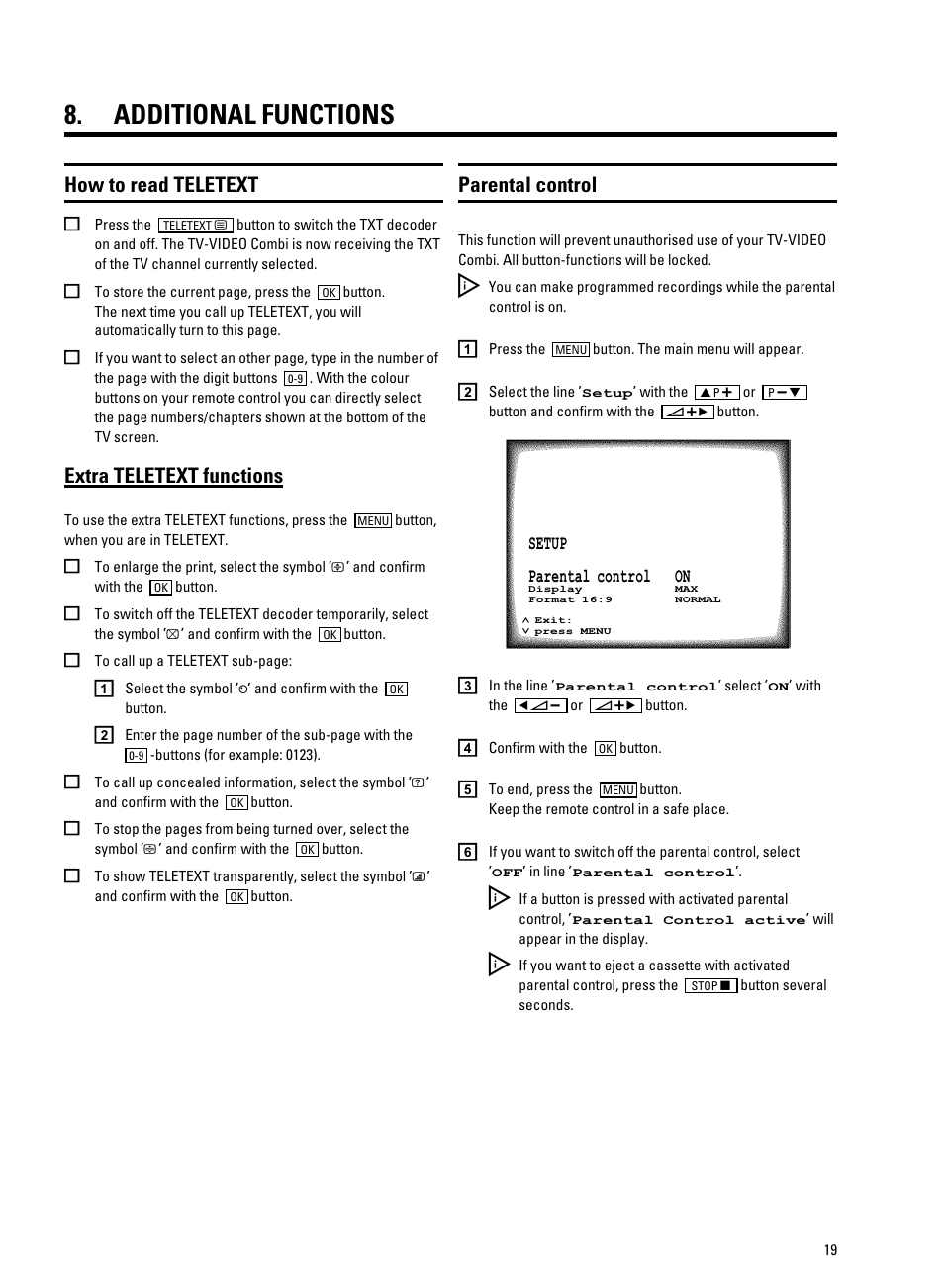 Additional functions, How to read teletext, Parental control | Extra teletext functions | Philips TV-Video Combi 14PV320/05 User Manual | Page 21 / 24