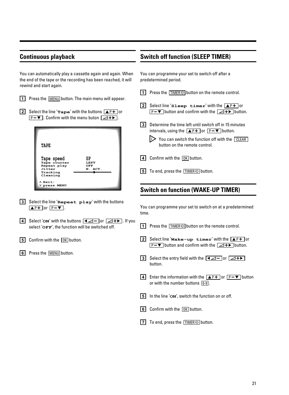 Continuous playback, Switch off function (sleep timer), Switch on function (wake-up timer) | Philips TV-Video Combi 14PV320/05 User Manual | Page 23 / 24