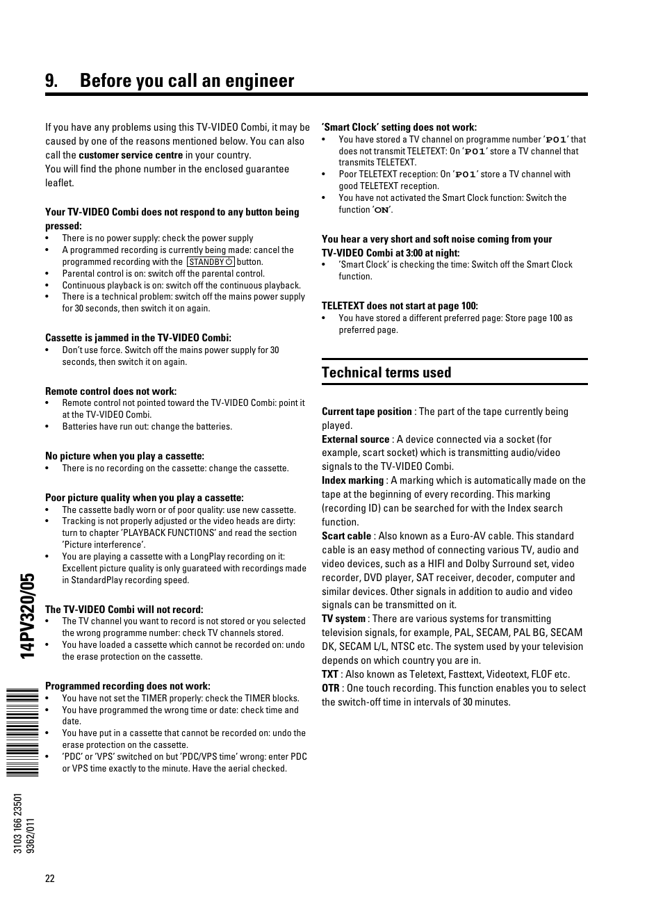 Before you call an engineer, Technical terms used | Philips TV-Video Combi 14PV320/05 User Manual | Page 24 / 24